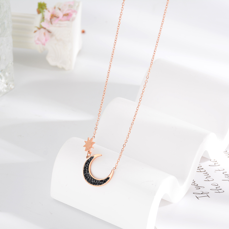 Korean internet-famous bestseller, elegant and timeless titanium steel necklace, bow with diamond, moon collarbone chain, rose gold accessory, exquisite gift Item Picture