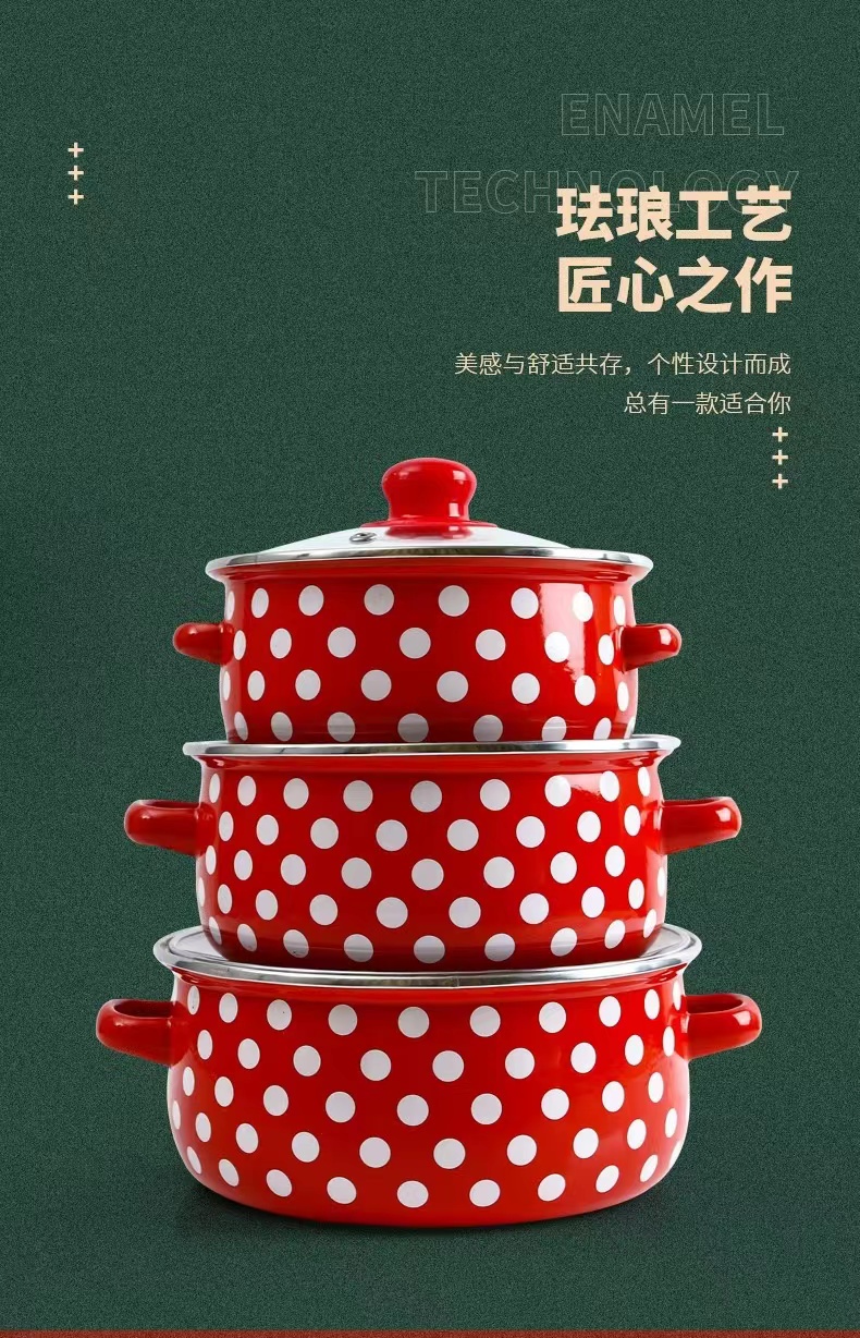 现货批发671EDG水花搪瓷锅三件套 带孔玻璃盖16+18+20cm汤锅 多功能锅具 厨房烹饪必备详情7