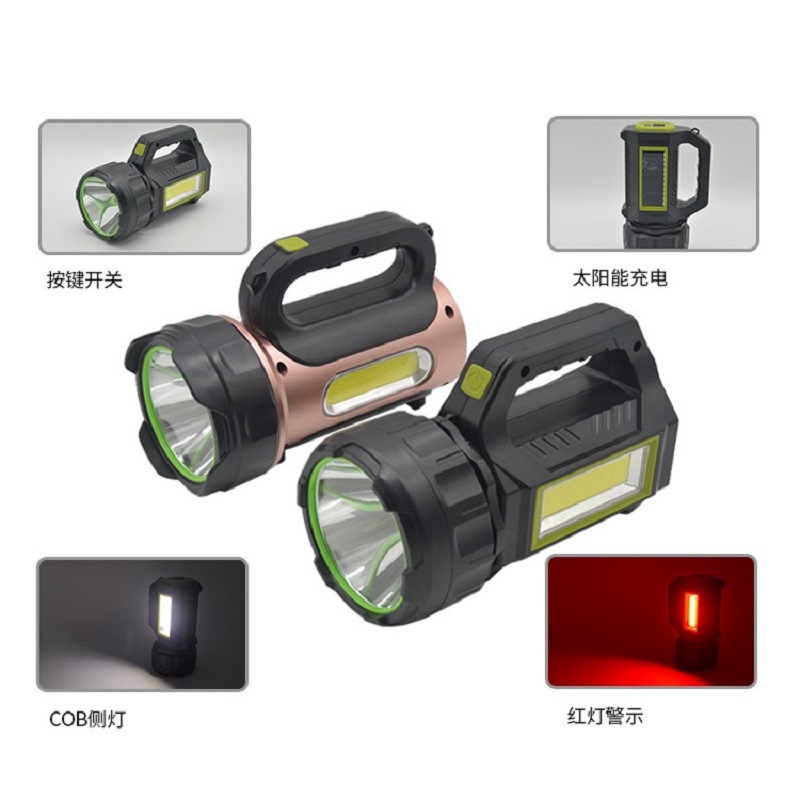 Solar-powered searchlight, outdoor multi-functional flashlight, USB charging red light warning light, portable emergency light, solar-powered hand-held light, T95 flashlight, COB work searchlight Specification image