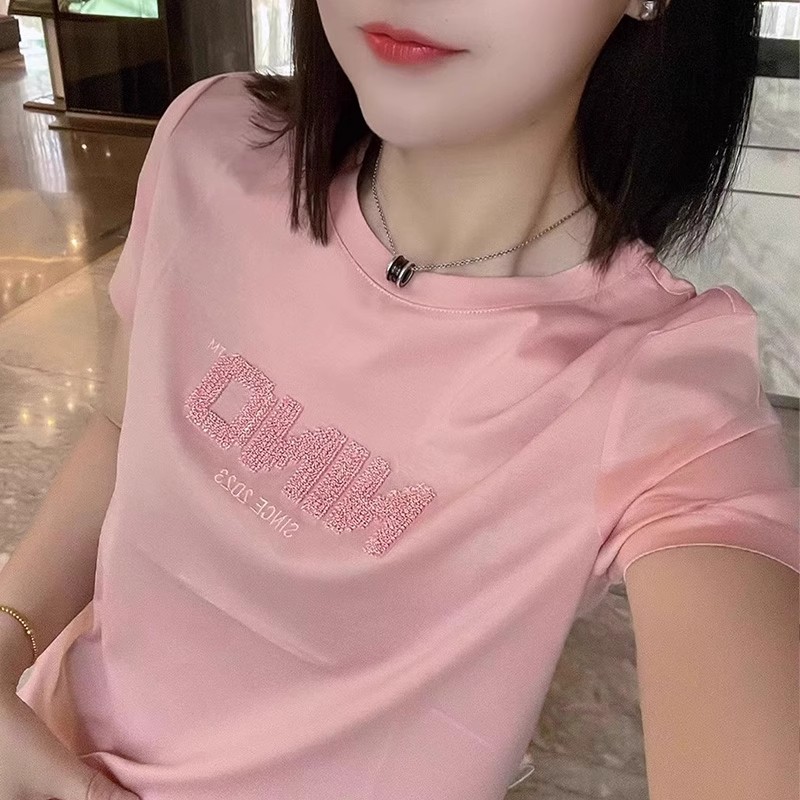 粉色短袖t恤女2024年新款夏装刺绣百搭修身体恤重工圆领上衣详情1
