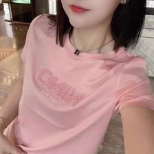 粉色短袖t恤女2024年新款夏装刺绣百搭修身体恤重工圆领上衣