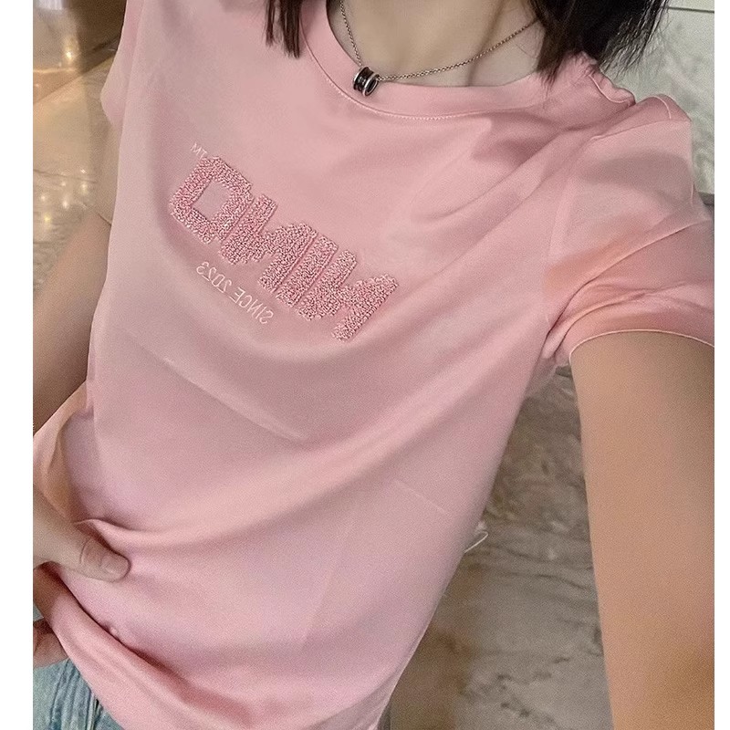 粉色短袖t恤女2024年新款夏装刺绣百搭修身体恤重工圆领上衣详情4