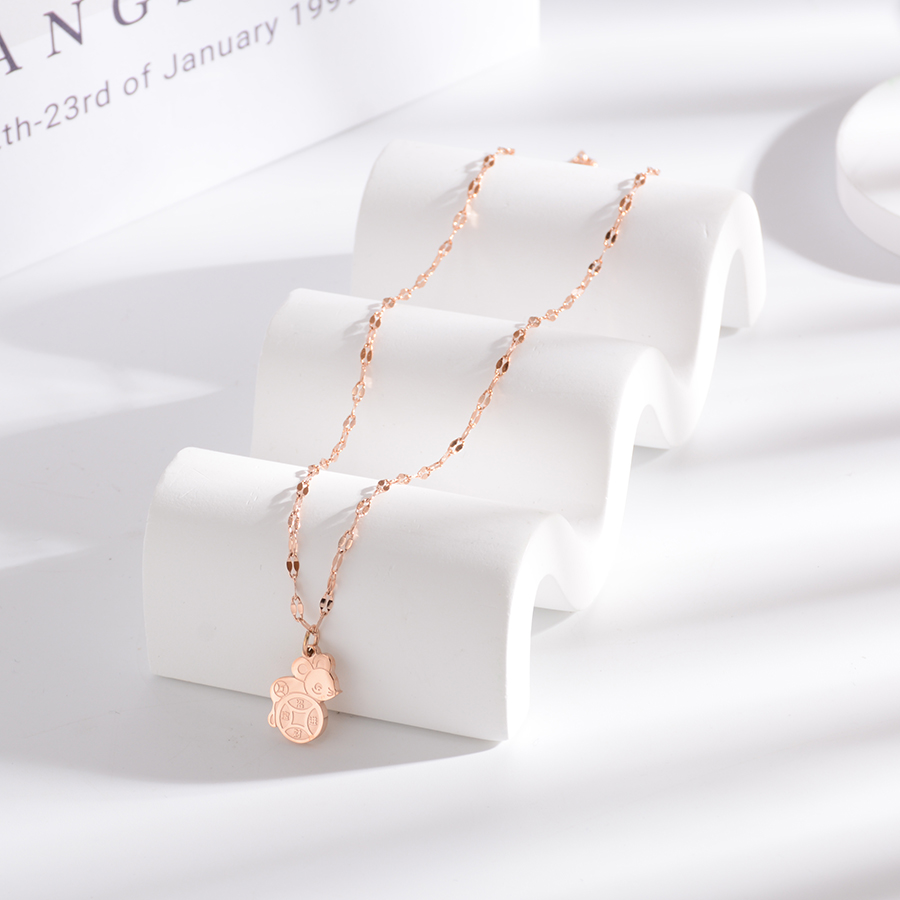 Retro zodiac year rat necklace, titanium steel animal collarbone chain, rose gold jewelry, versatile and elegant accessory gift for women details Picture