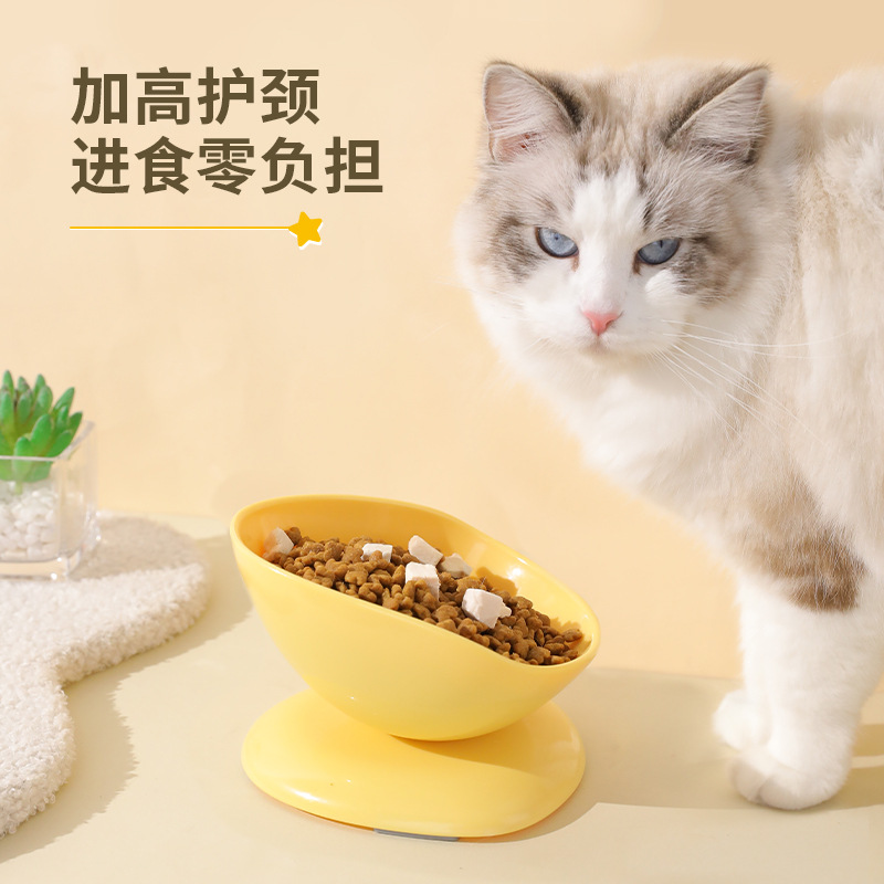 New pet solid color large-diameter anti-slip feeding bowl, tilted cartoon anti-tipping pet bowl, raised anti-cervical vertebrae, high appearance level, teacup tilted single bowl pet supplies Specification image