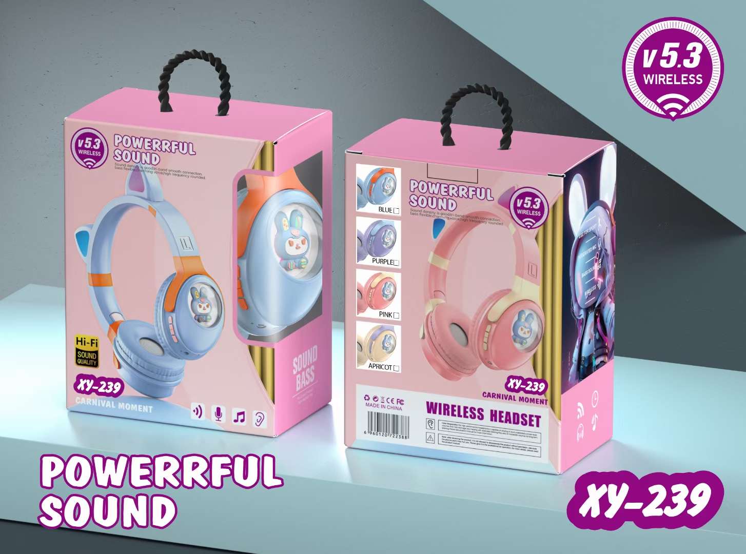 新款太空舱头戴式耳机上市[庆祝]
发光公仔兔子🐰#RGB猫耳
新款型号：XY-239
装箱数量：100PCS
颜色：蓝产品图