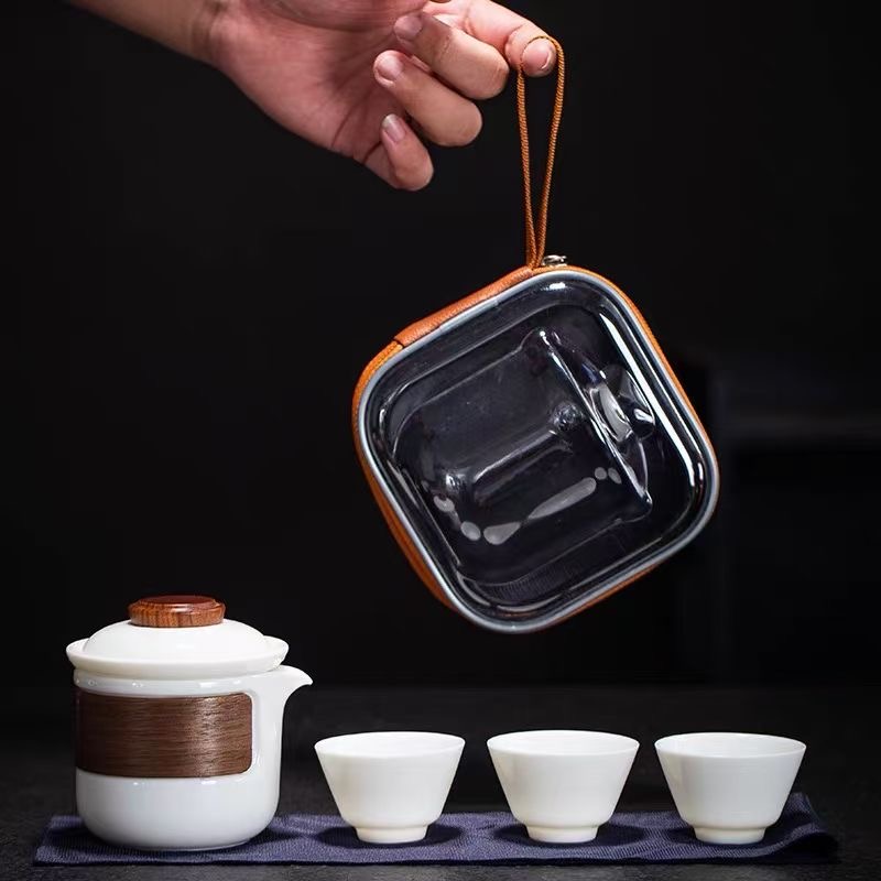 羊脂玉白瓷竹圈防烫快客杯 旅行茶具套装户外陶瓷木盖一壶二杯聚财旅行茶具图