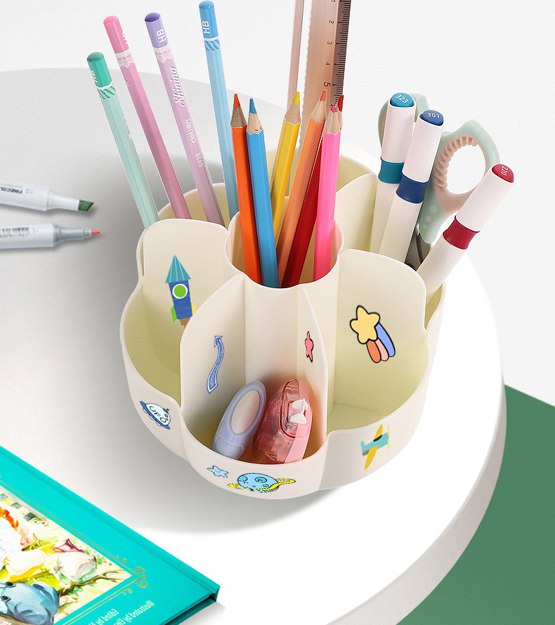 7格360度旋转笔筒儿童卡通创意多功能书桌大容量女孩可爱笔桶摆件 详情图7