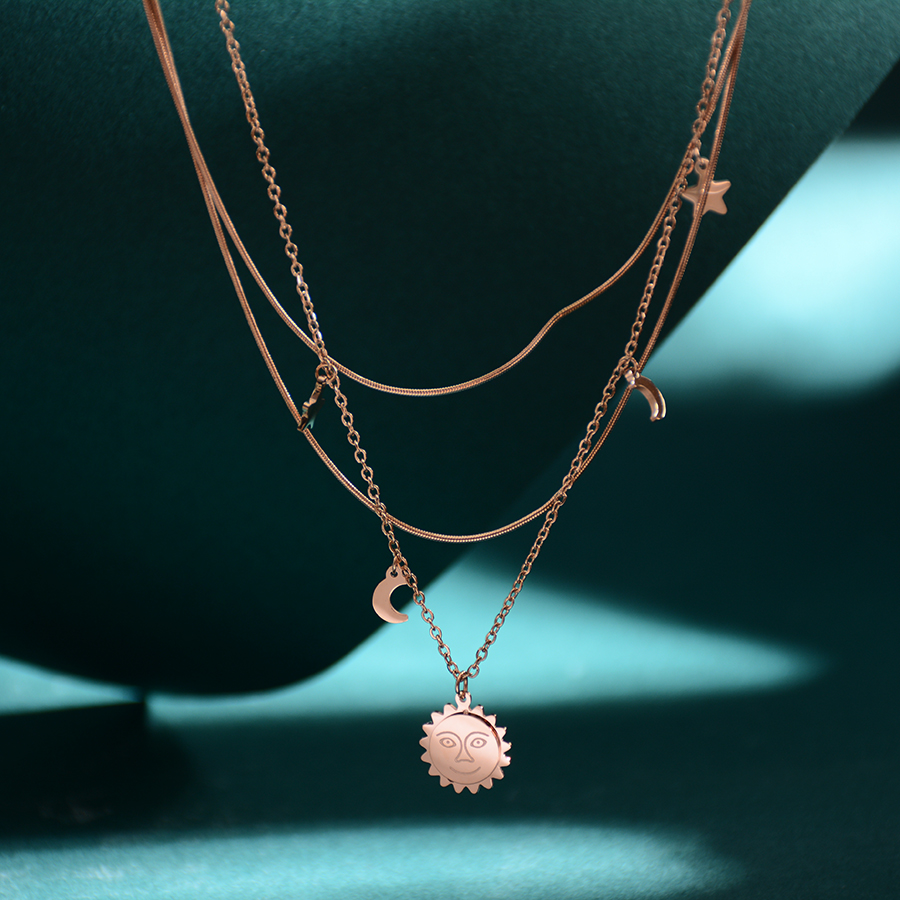 European and American titanium steel necklace, three-layer titanium steel moon collarbone chain, rose gold jewelry accessory pendant, trendy gift for women Item Picture