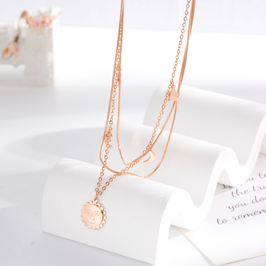 European and American titanium steel necklace, three-layer titanium steel moon collarbone chain, rose gold jewelry accessory pendant, trendy gift for women