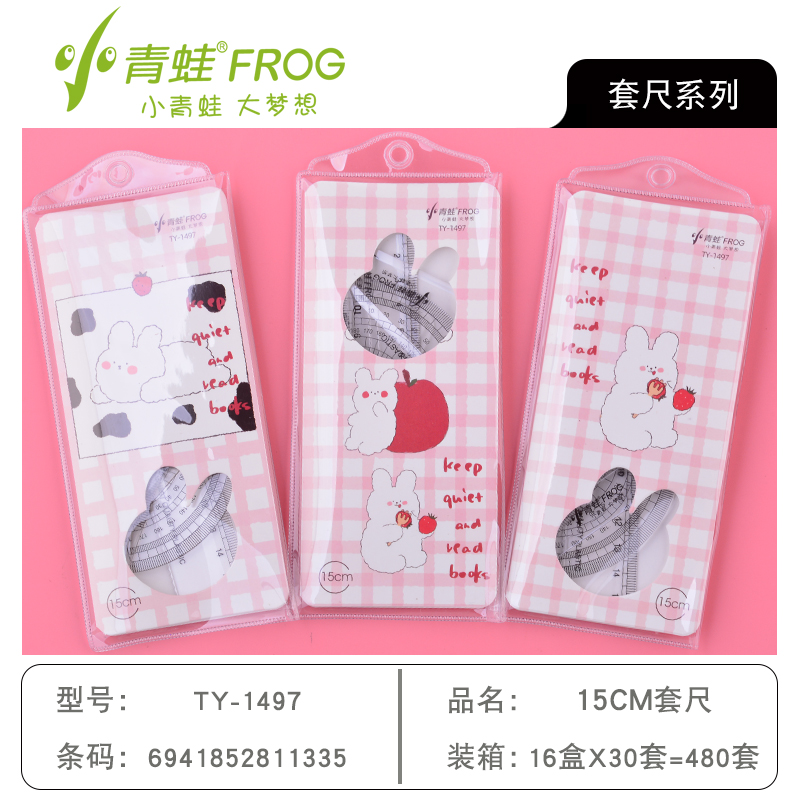 YL040-TY-1497小青蛙15cm套尺四件套学生尺子透明办公卡通文具套装初中学习批发