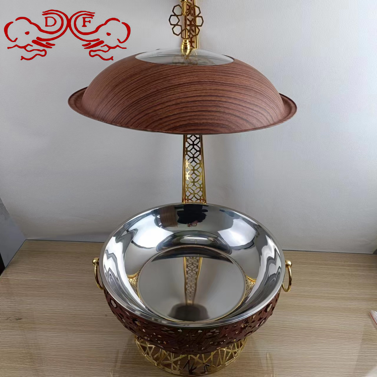 DF68093 Lace hanging stove, stainless steel black round hanging cover, hotel dining stove, self-service container, insulated stove, DF TRADINGHOUSE Specification image