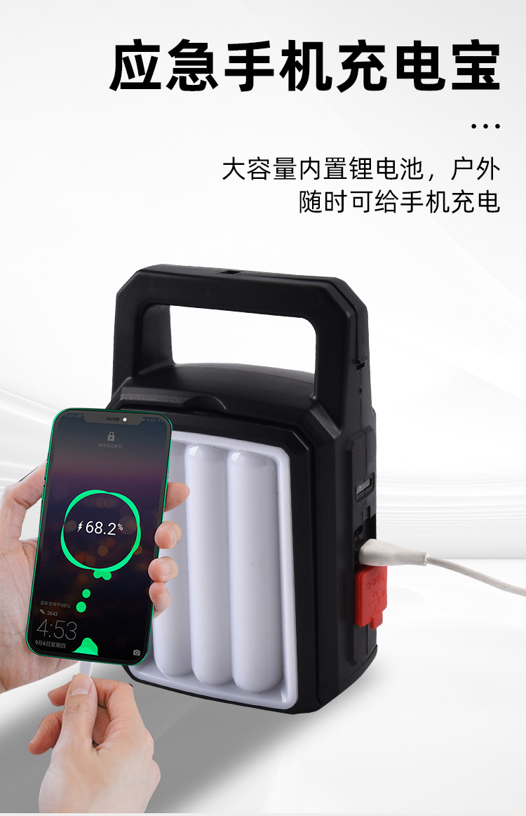 多功能太阳能工作灯便携式探照灯USB充电野营灯手提式应急灯防水帐篷灯可折叠太阳能手电筒户外超亮警示露营灯详情9