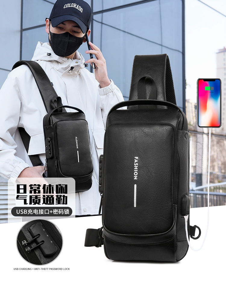 男士胸包斜跨包皮革包单肩包运动小背包多功能斜挎男包跨境爆款机车包详情图3