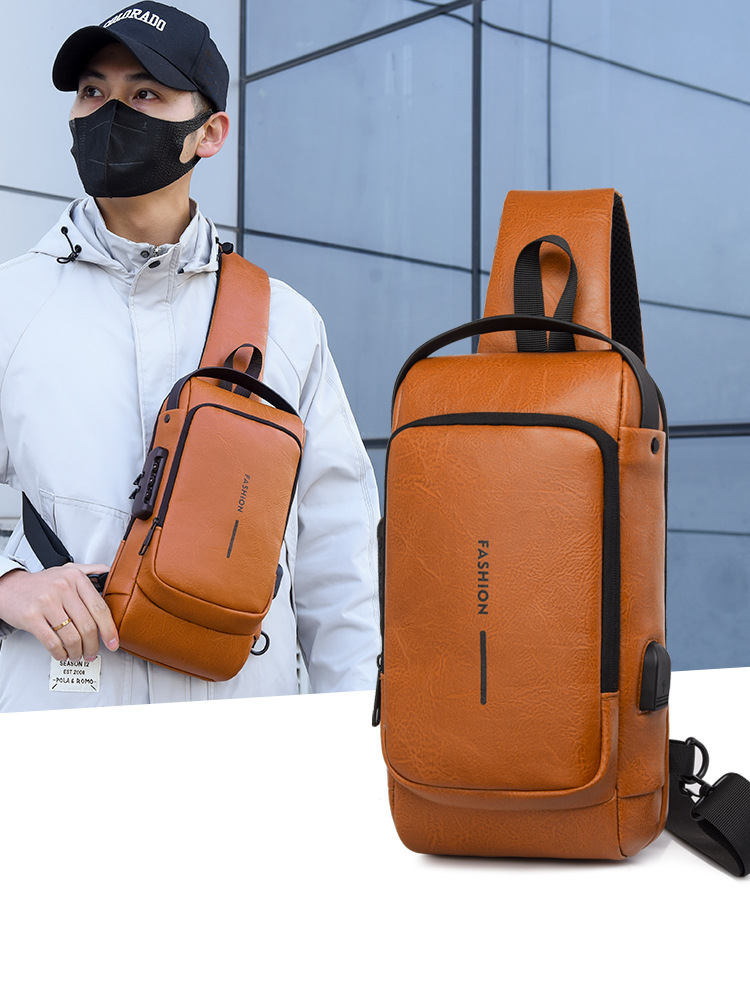 男士胸包斜跨包皮革包单肩包运动小背包多功能斜挎男包跨境爆款机车包详情图2