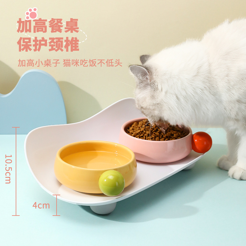 Boxed sugar bean ceramic double-bowl large-mouth feeding water bowl, no black chin, protecting cervical vertebrae cat bowl pet supplies details Picture