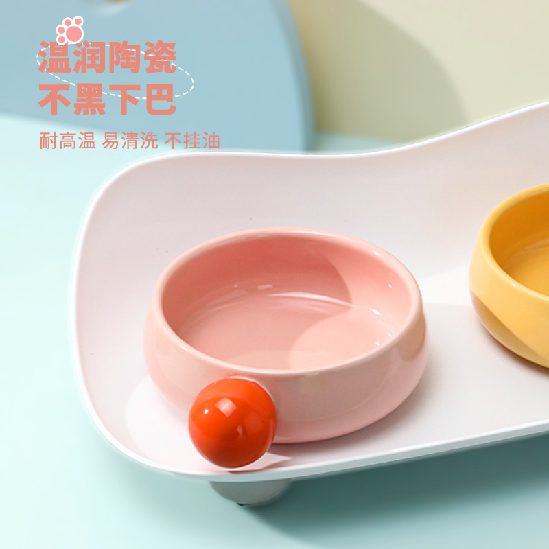 Boxed sugar bean ceramic double-bowl large-mouth feeding water bowl, no black chin, protecting cervical vertebrae cat bowl pet supplies