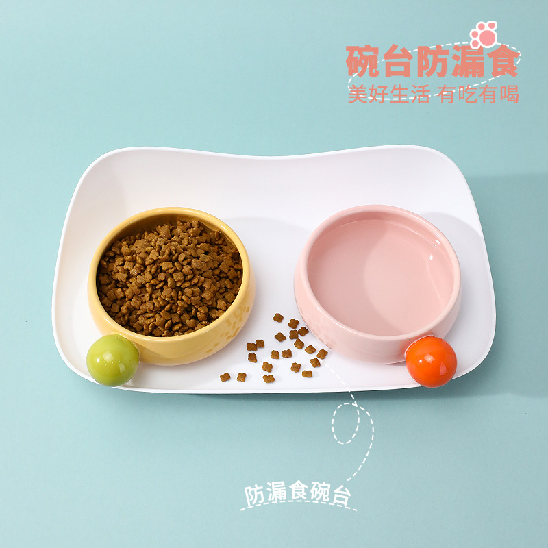 Boxed sugar bean ceramic double-bowl large-mouth feeding water bowl, no black chin, protecting cervical vertebrae cat bowl pet supplies Specification image