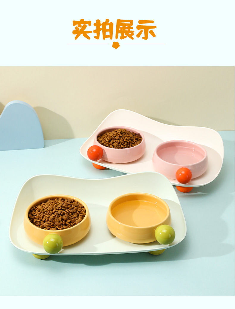 Boxed sugar bean ceramic double-bowl large-mouth feeding water bowl, no black chin, protecting cervical vertebrae cat bowl pet supplies pic 7
