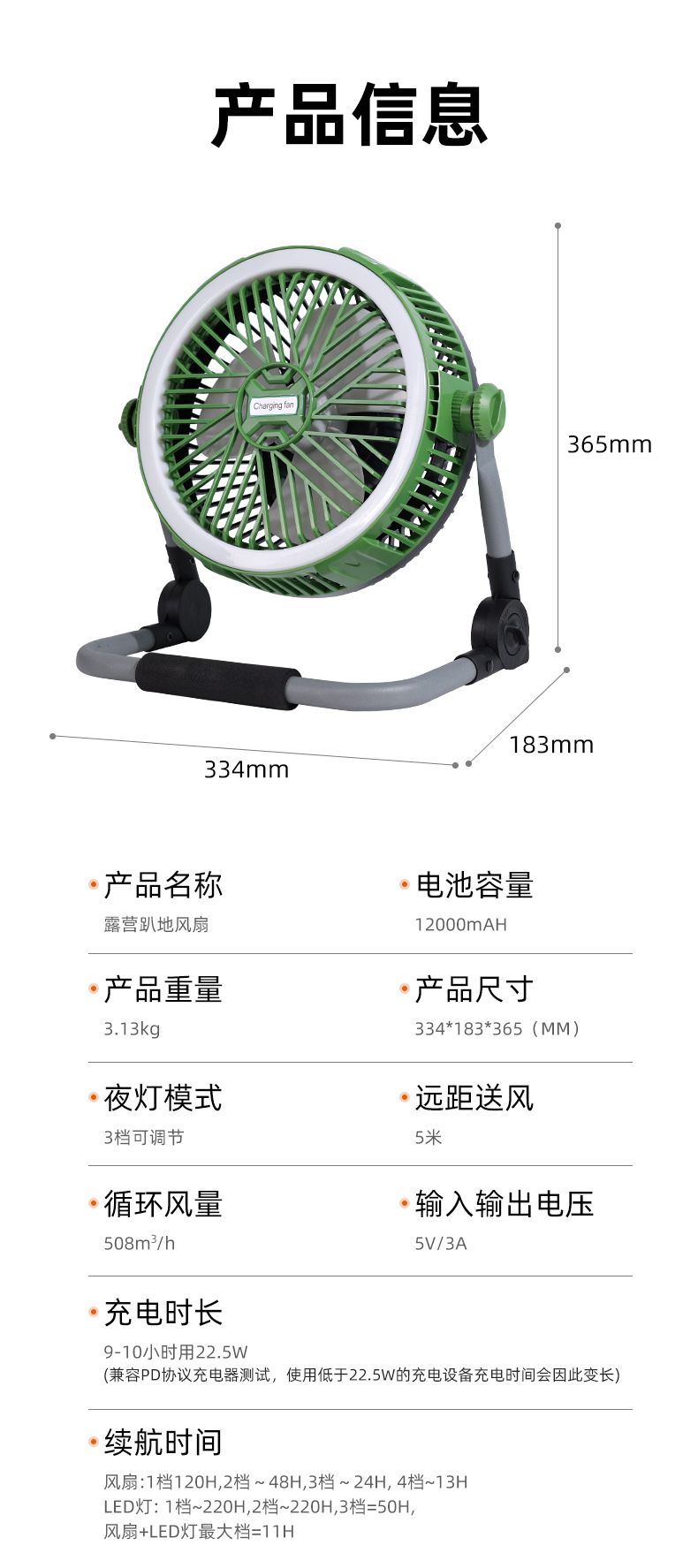  户外露营多功能照明电风扇新款太阳能充电风扇野营帐篷长续航充电详情12