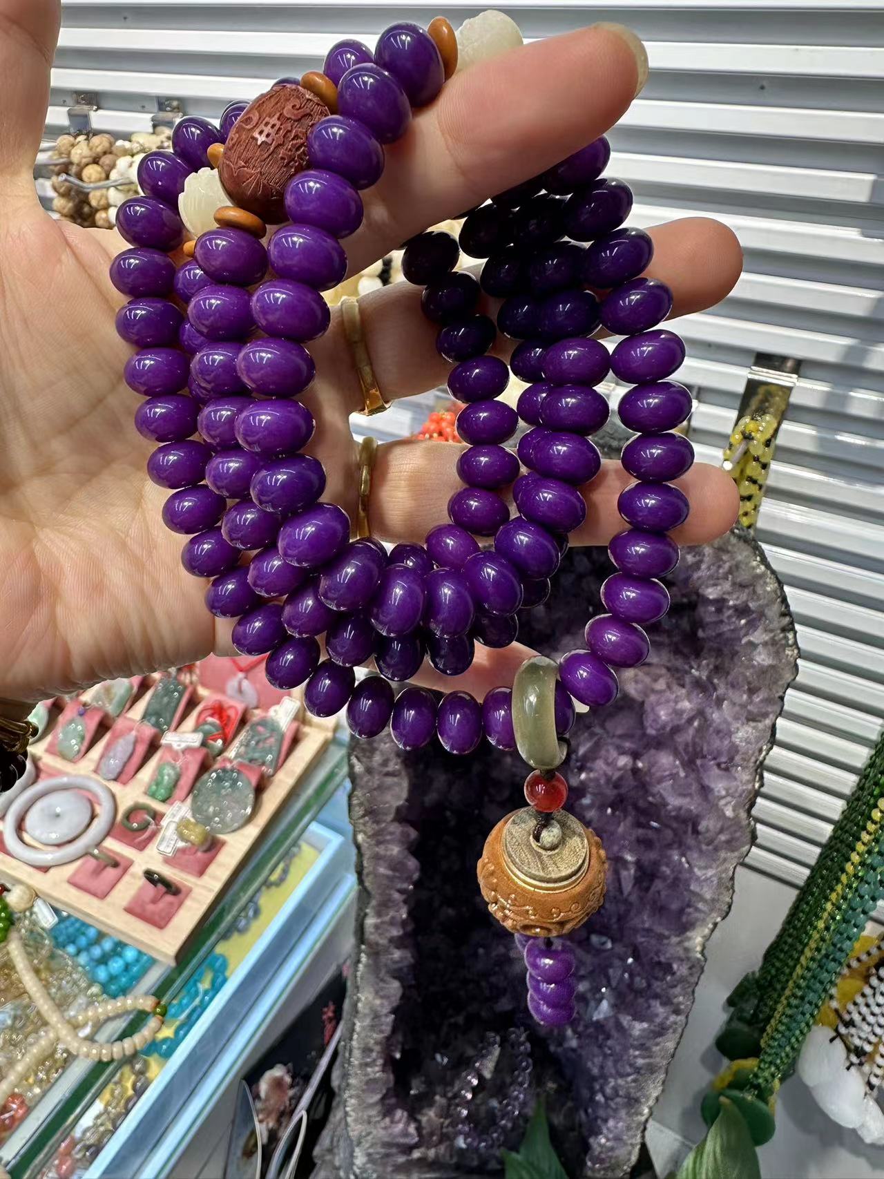 Purple Bodhi seed bracelet and necklace, stacked with natural jade, as a gift for father or boyfriend