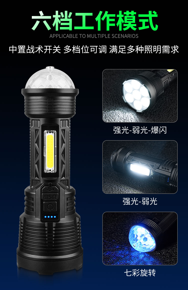 户外强光手电筒七彩魔球手电筒舞台氛围灯USB充电手电筒多功能家用露营灯便携手电筒塑料小手电筒手电筒工作灯详情1