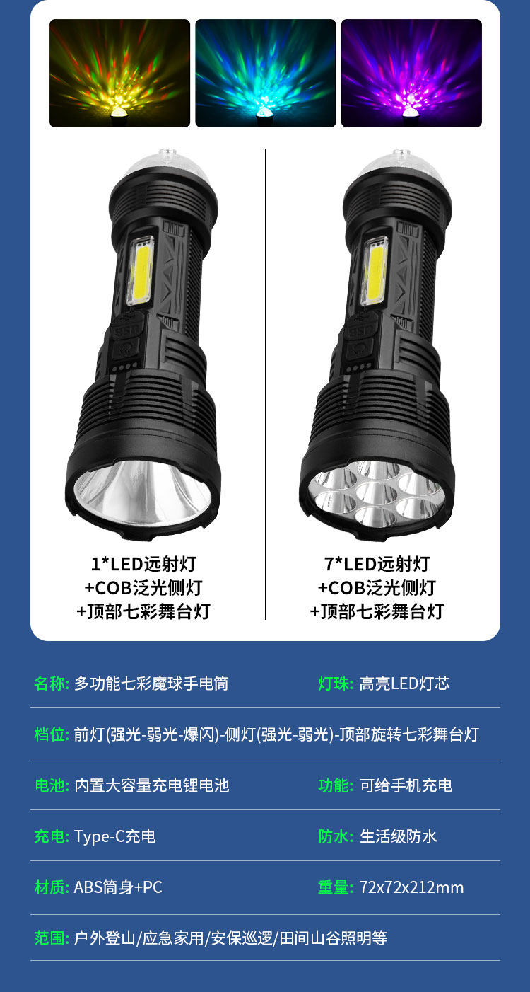 户外强光手电筒七彩魔球手电筒舞台氛围灯USB充电手电筒多功能家用露营灯便携手电筒塑料小手电筒手电筒工作灯详情9