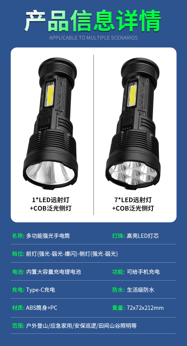 户外强光手电筒七彩魔球手电筒舞台氛围灯USB充电手电筒多功能家用露营灯便携手电筒塑料小手电筒手电筒工作灯详情8