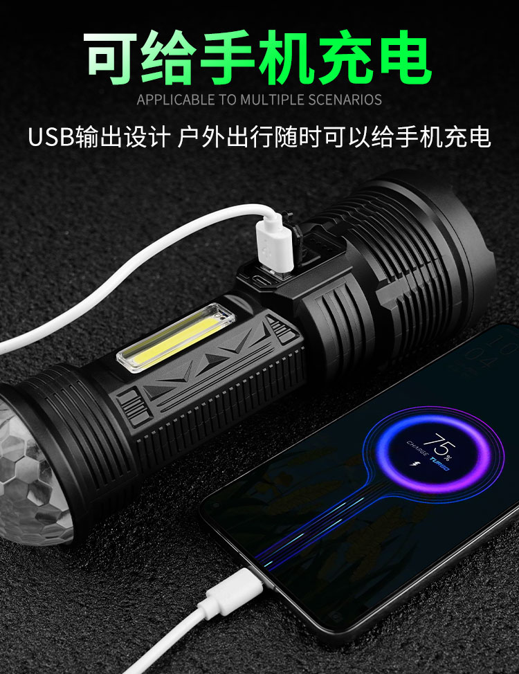 户外强光手电筒七彩魔球手电筒舞台氛围灯USB充电手电筒多功能家用露营灯便携手电筒塑料小手电筒手电筒工作灯详情2