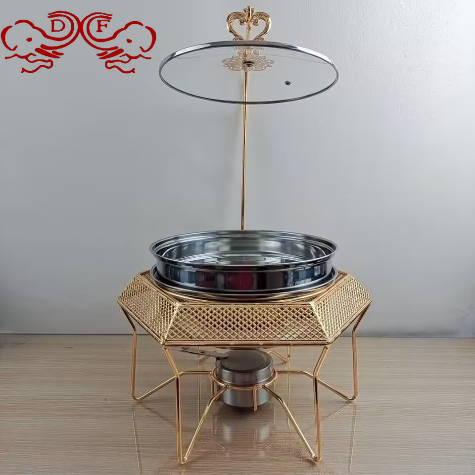 DF68093 Hotel Alcohol stove, small hot pot, Golden hexagonal carved dining stove, stainless steel hook buffet stove, DF TRADINGHOUSE