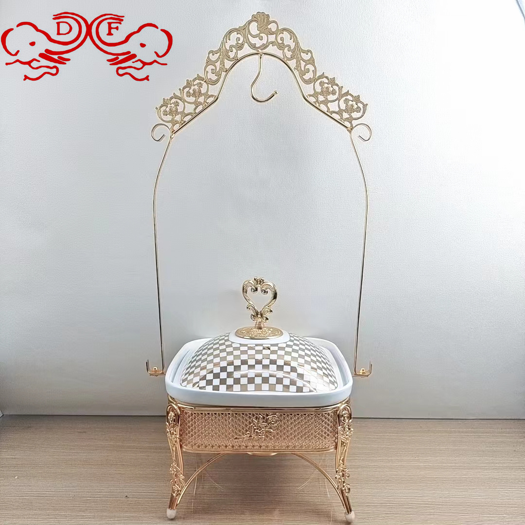 Df68093 Lace Stainless Steel Gold Alcohol Stove Hotel Restaurant Buffet Stove With Hanging Lid Thermal Insulation Stove Df Tradinghouse