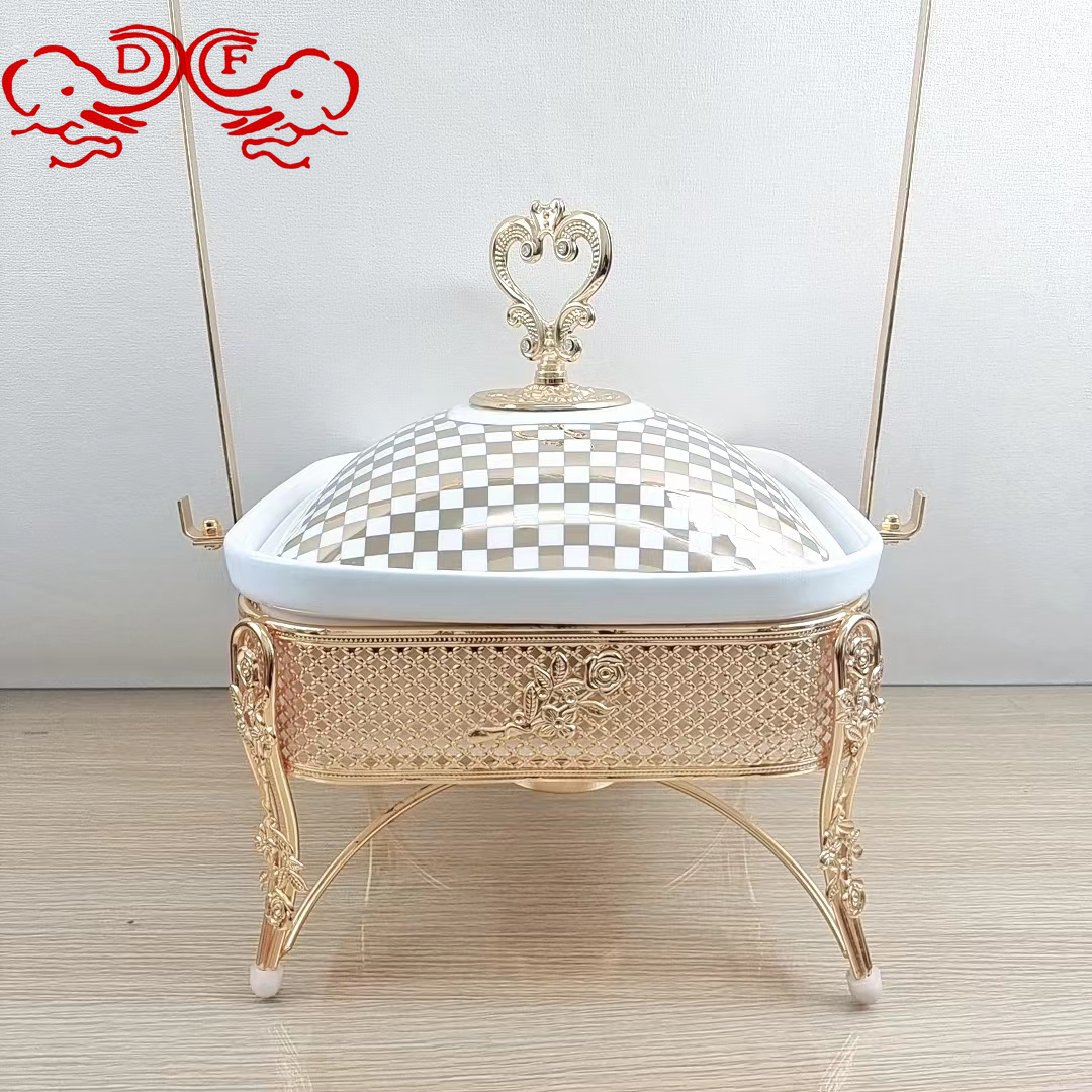 Df68093 Lace Stainless Steel Gold Alcohol Stove Hotel Restaurant Buffet Stove With Hanging Lid Thermal Insulation Stove Df Tradinghouse details Picture