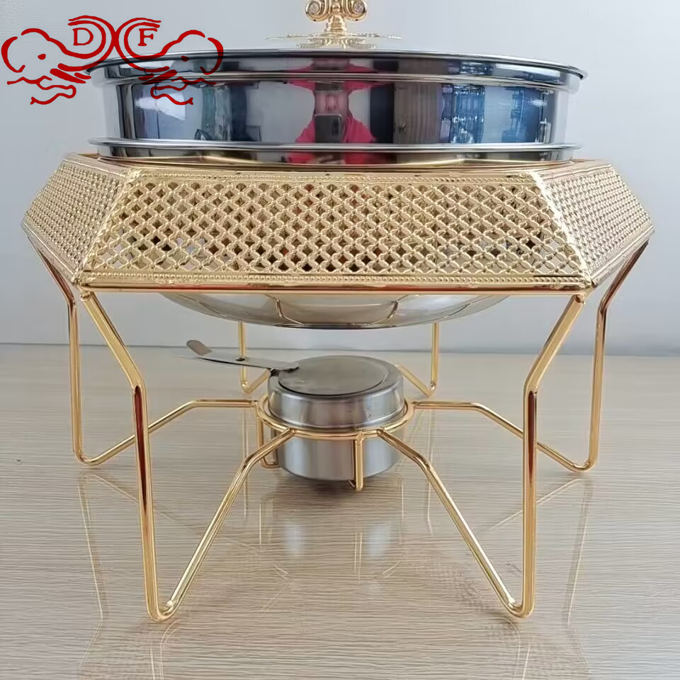 DF68093 Hotel Alcohol stove, small hot pot, Golden hexagonal carved dining stove, stainless steel hook buffet stove, DF TRADINGHOUSE details Picture