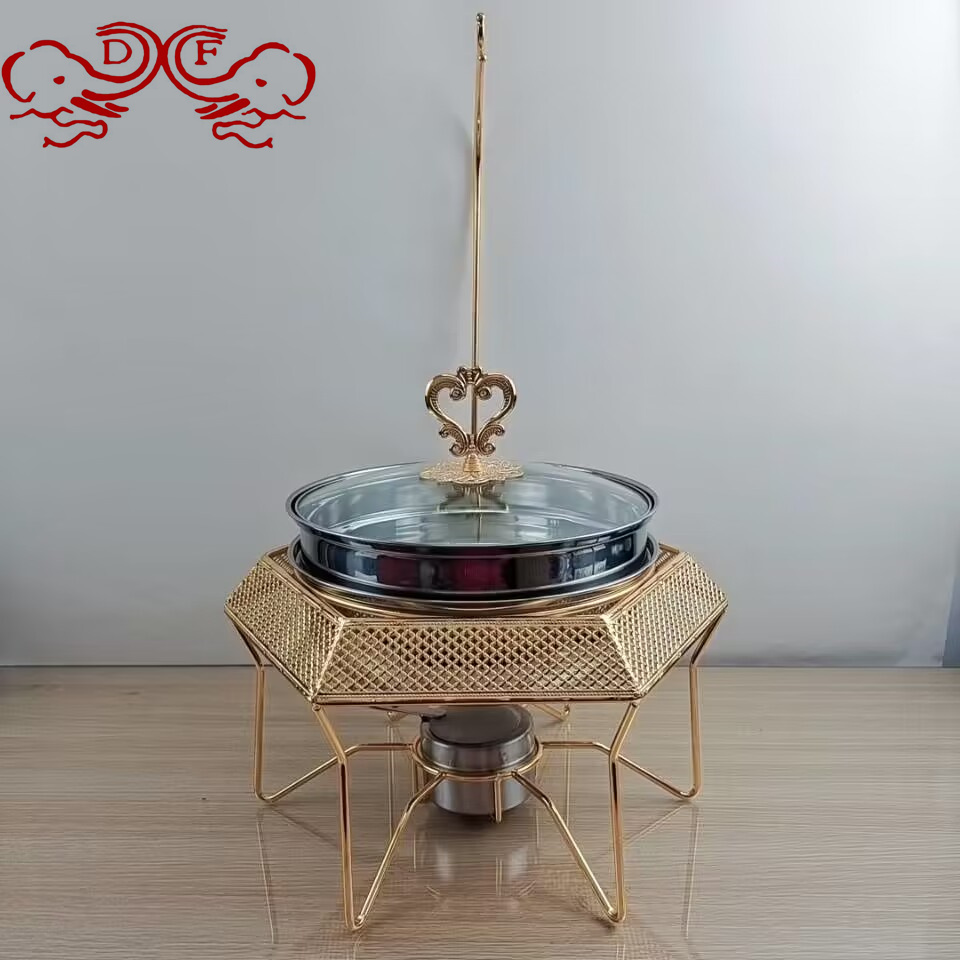 DF68093 Hotel Alcohol stove, small hot pot, Golden hexagonal carved dining stove, stainless steel hook buffet stove, DF TRADINGHOUSE Item Picture