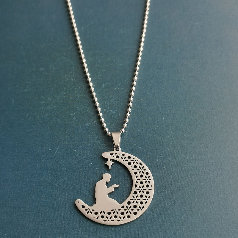 外贸跨境简约气质镂空月亮穆斯林不锈钢项链ins设计感钛钢吊坠详情图5