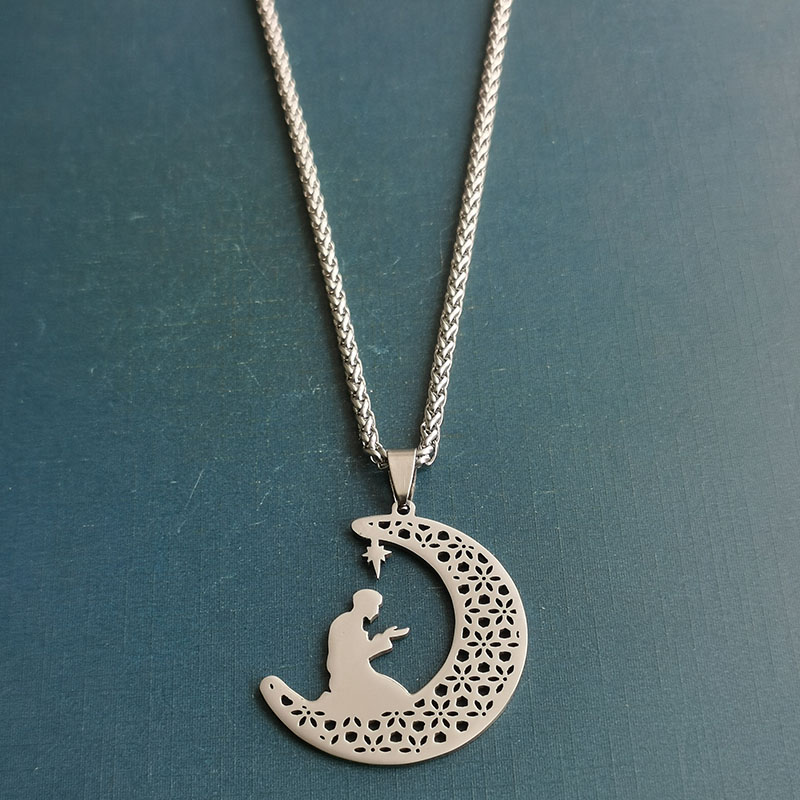 外贸跨境简约气质镂空月亮穆斯林不锈钢项链ins设计感钛钢吊坠详情图8