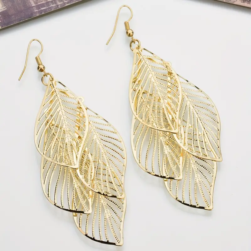 E2402 National Style Retro Women's Earrings Simple Hollow Multi-Layer Leaves European And American Popular Tassel Earrings Cross-Border details Picture