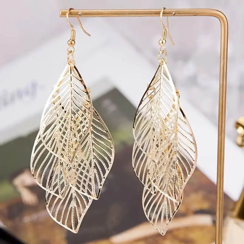 E2402 National Style Retro Women's Earrings Simple Hollow Multi-Layer Leaves European And American Popular Tassel Earrings Cross-Border Specification drawing