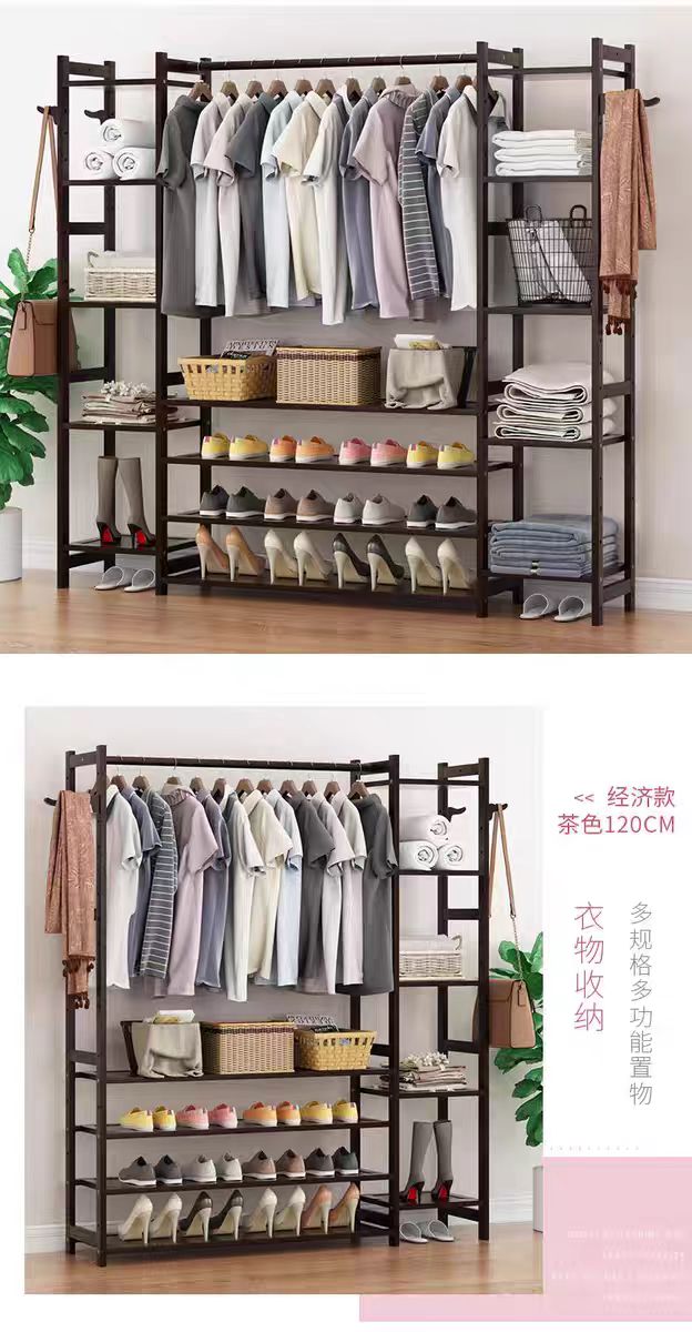 多功能衣帽架落地卧室家用置物鞋架一体挂衣柜实木简易衣服收纳架详情9