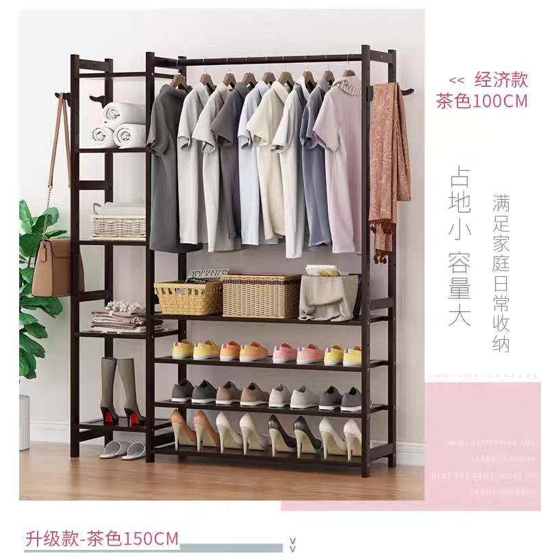 多功能衣帽架落地卧室家用置物鞋架一体挂衣柜实木简易衣服收纳架详情8