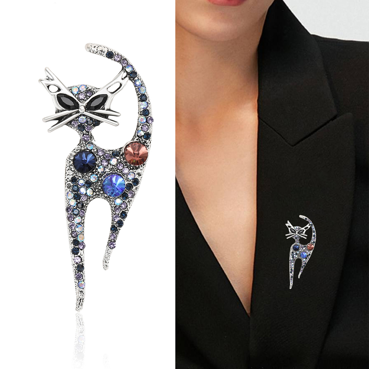 2024紫阳新款水钻猫咪系列胸针 胸针女时尚别针饰品领口设计感配饰西装配饰胸针徽章胸针胸针金属胸针