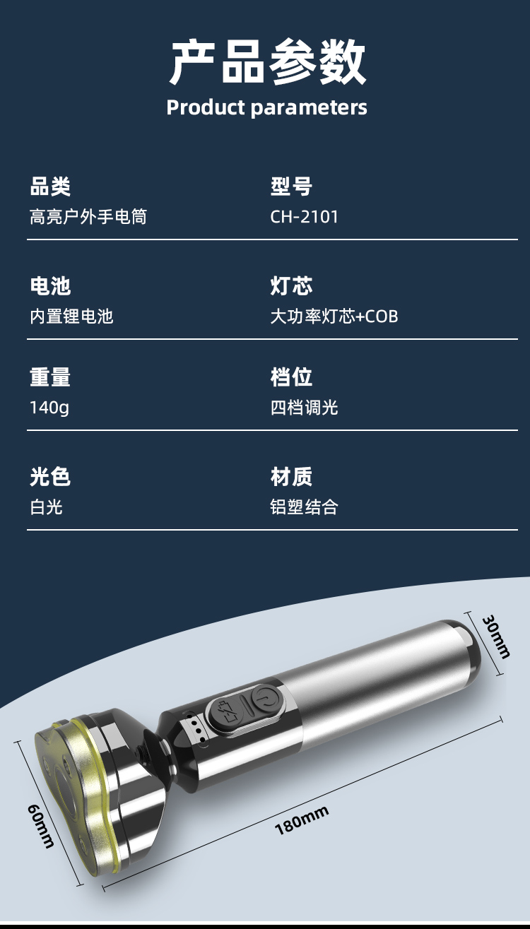 多功能强光手电筒便携式夜跑巡逻手电筒LED防水手提灯铝合金手电筒2101手电筒户外应急灯钓鱼灯户外工作手电筒详情7