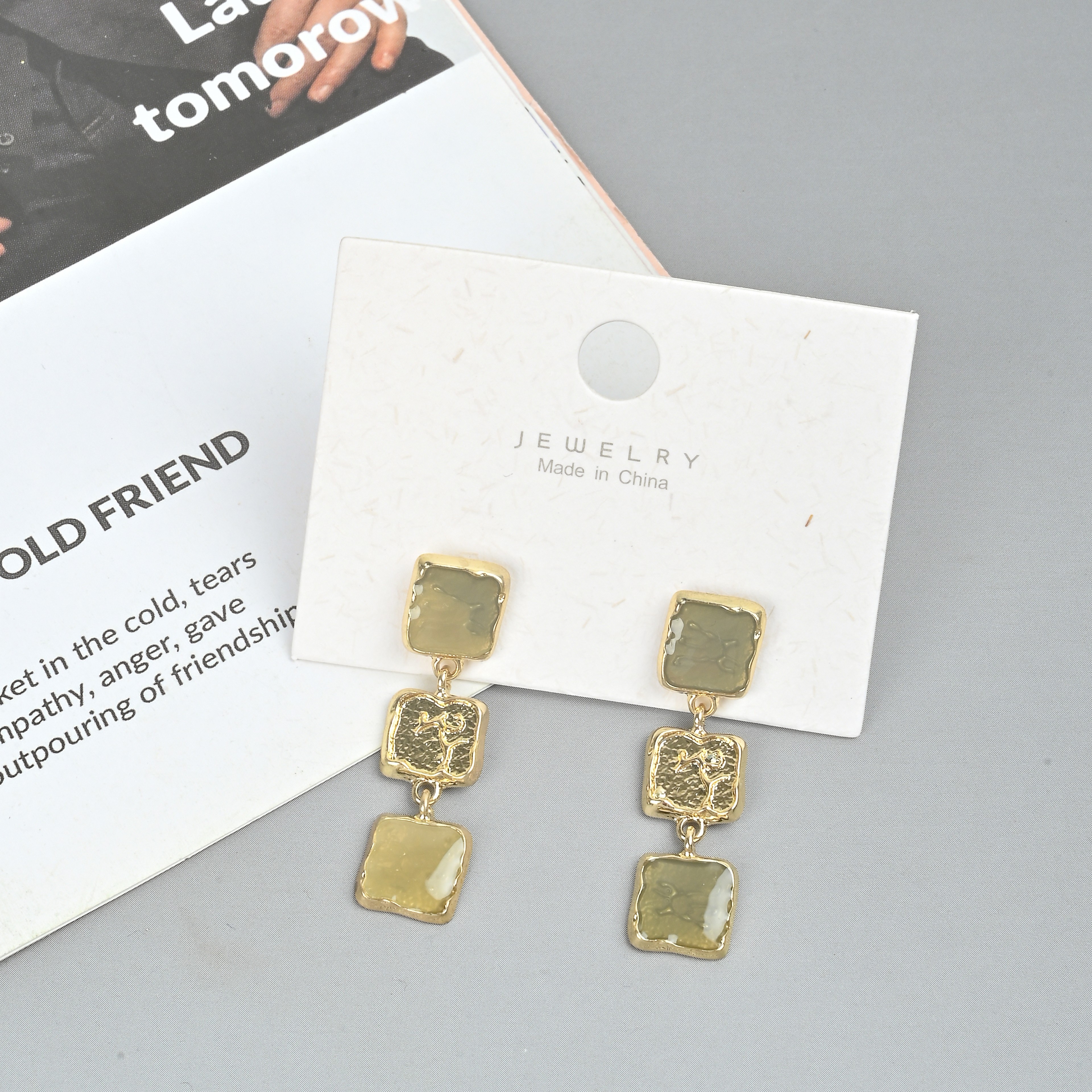 韩国方形棕色长款耳环女法式温柔气质轻奢小众设计感耳钉