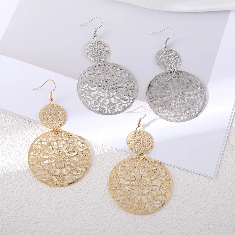 E2413 Cross-Border Hot European And American Fashion Earrings Vintage Hollow Disc Name Family Wind Domestic Sales Foreign Trade Specification drawing