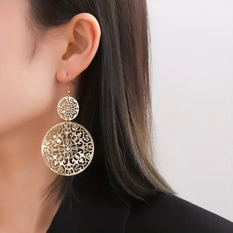 E2413 Cross-Border Hot European And American Fashion Earrings Vintage Hollow Disc Name Family Wind Domestic Sales Foreign Trade