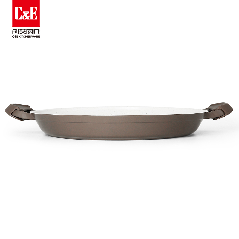 C&E Creative Kitchenware Seafood plate with smooth surface, detachable silicone ear covers, cast aluminum kitchen multi-functional pot, non-stick frying plate, composite pot bottom, anti-scrubber, double ears, smokeless for home use, new fashionable and portable, outdoor gatherings, banquets, business gifts