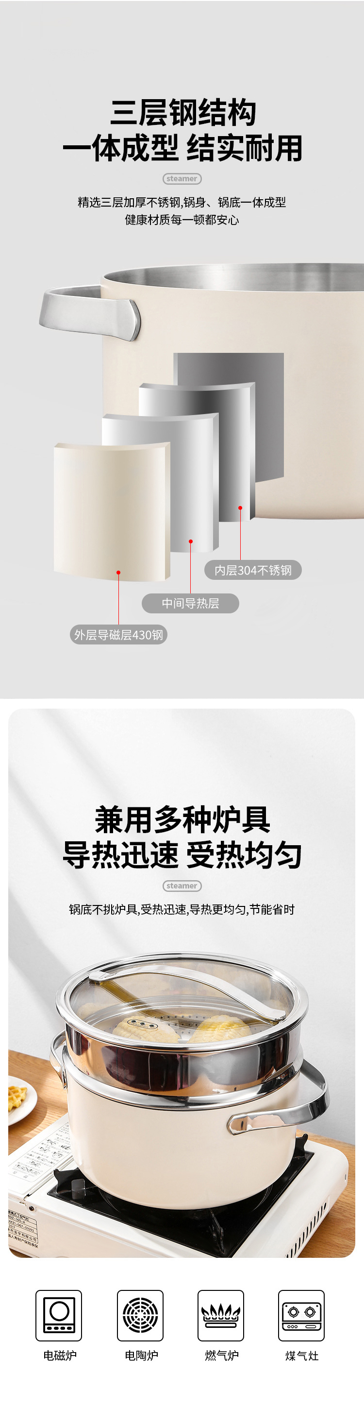 C&E Creative Steamer, 304 stainless steel, glass cover, uncoated multi-functional pot, suitable for boiling, stewing, steaming and braising, 4L large capacity soup pot and stove pic 9