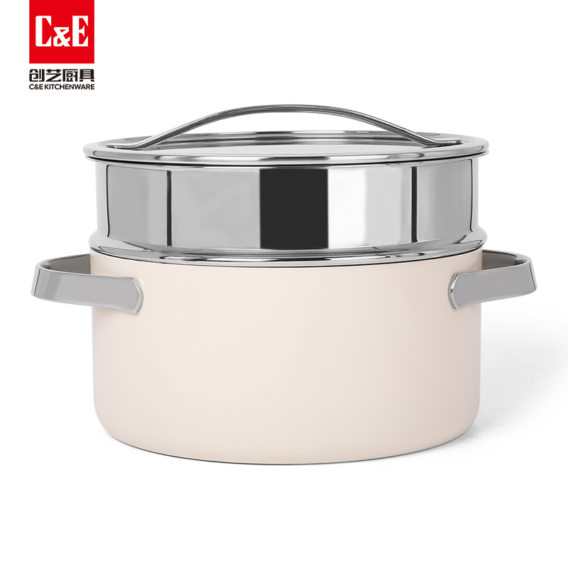 C&E Creative Steamer, 304 stainless steel, glass cover, uncoated multi-functional pot, suitable for boiling, stewing, steaming and braising, 4L large capacity soup pot and stove