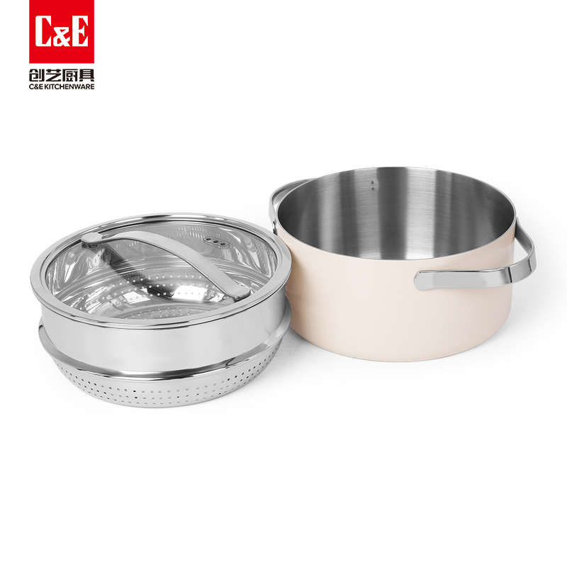 C&E Creative Steamer, 304 stainless steel, glass cover, uncoated multi-functional pot, suitable for boiling, stewing, steaming and braising, 4L large capacity soup pot and stove Item Picture