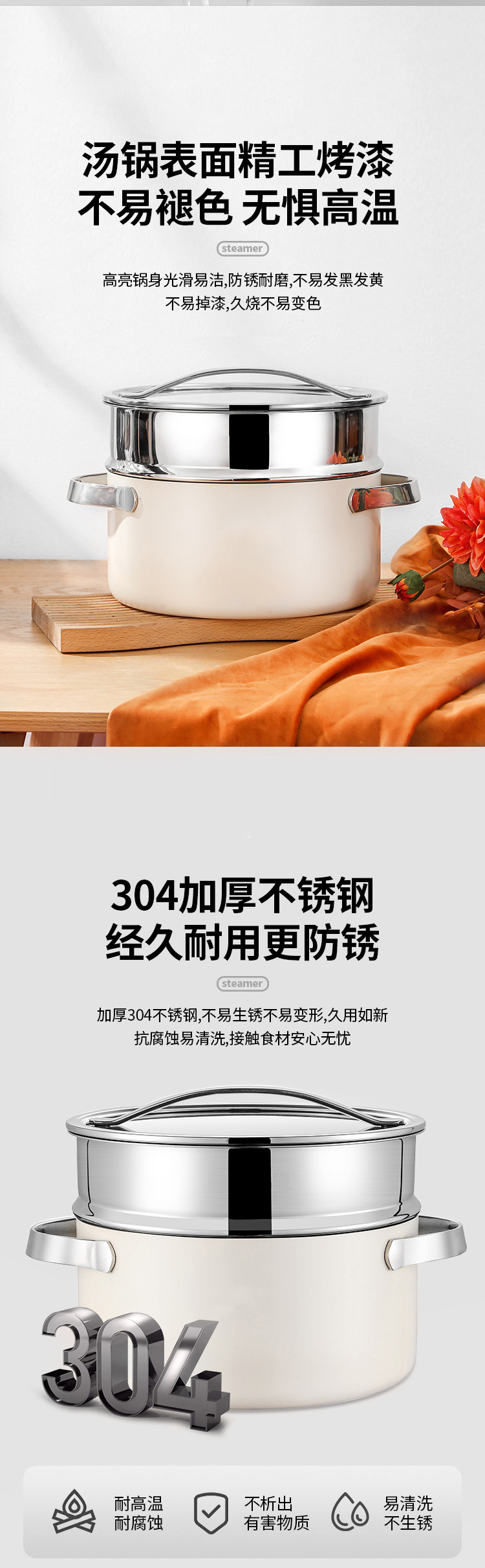 C&E Creative Steamer, 304 stainless steel, glass cover, uncoated multi-functional pot, suitable for boiling, stewing, steaming and braising, 4L large capacity soup pot and stove pic 5