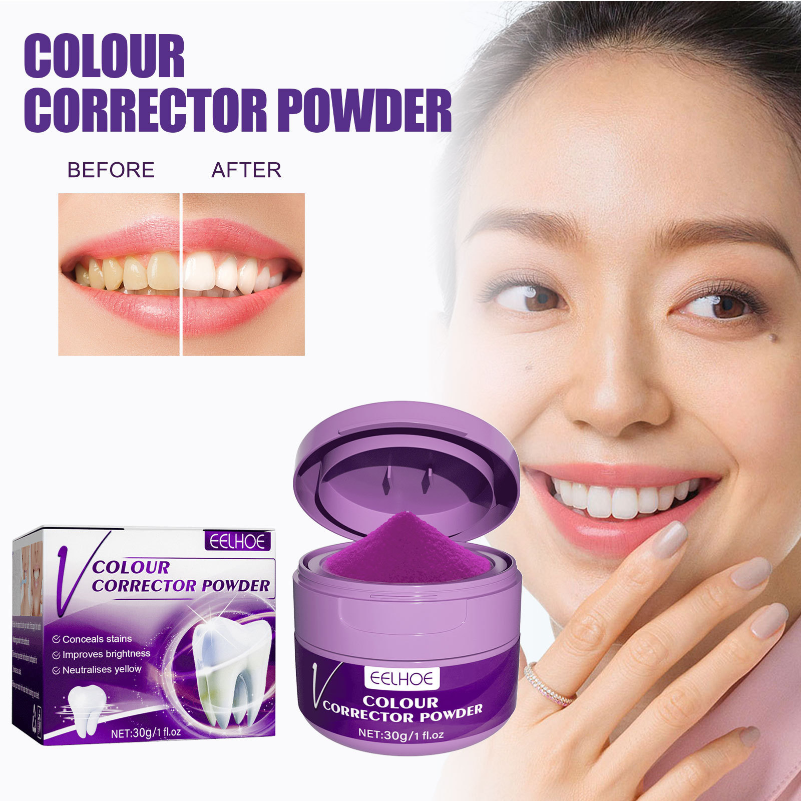 EELHOE v34 Whitening Tooth Powder Brightening White Teeth Fresh breath Reducing bad breath Stain Removing Tartar Cleaning Powder YL075-EE062210211-30g